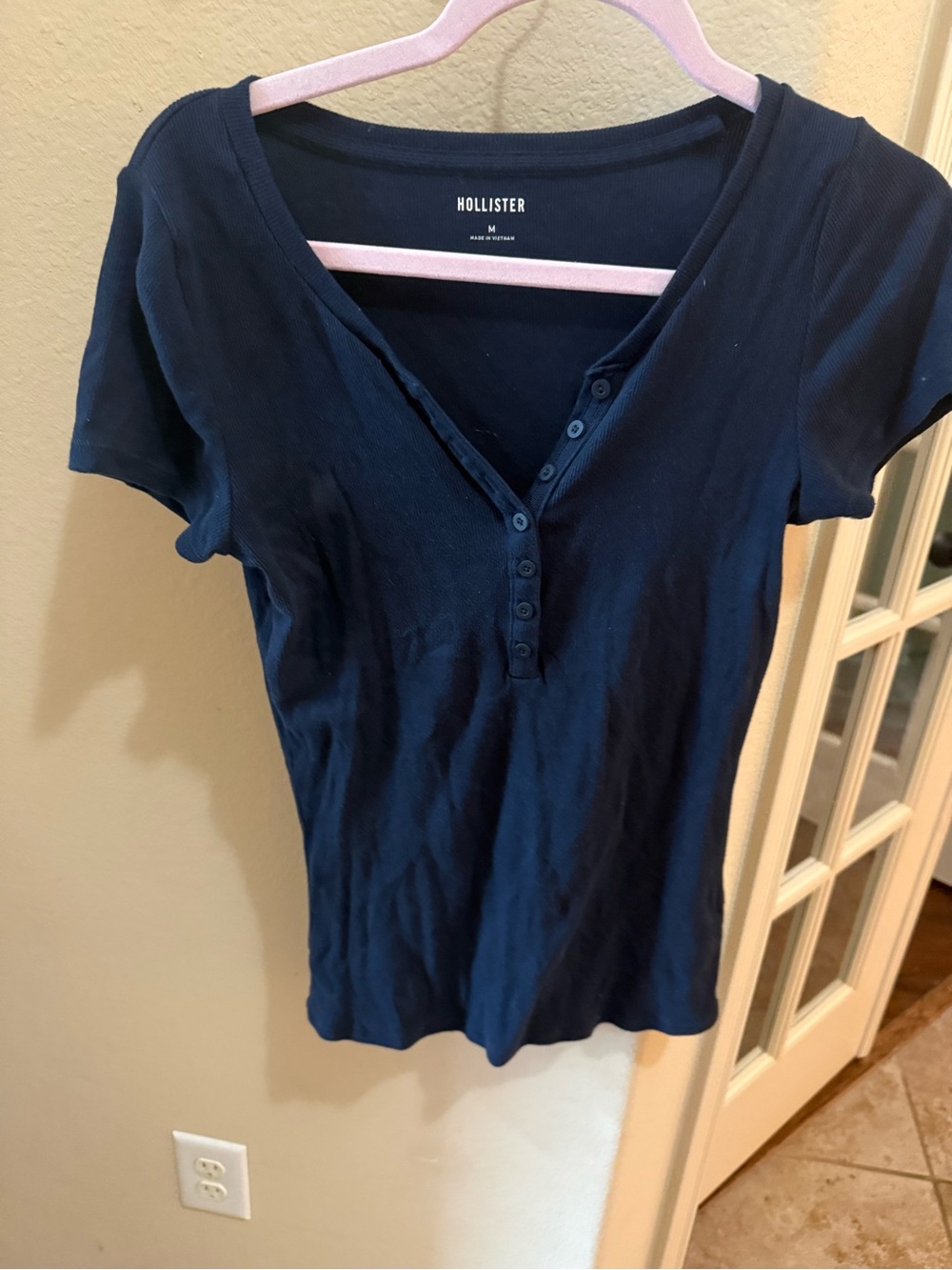 Hollister Navy Ribbed Short-Sleeve Henley Tee